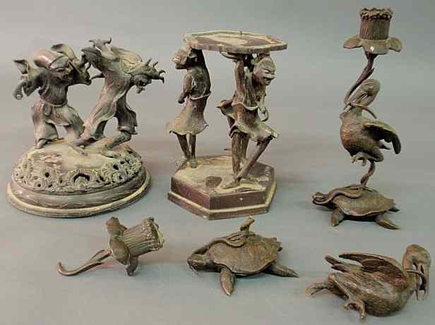 Appraisal: Four Asian bronze figural pieces incl pr Candlesticks with turtle