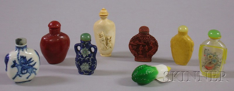 Appraisal: Eight Asian Snuff Bottles in bone ceramic and glass ht