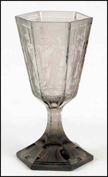 Appraisal: SIMON GATE FOR ORREFORS ETCHED GLASS CHALICE Underside bears etched