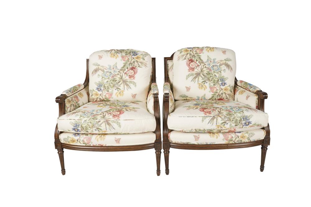 Appraisal: PAIR OF LOUIS XVI STYLE BERGERESeach with Brunschwig et Fils