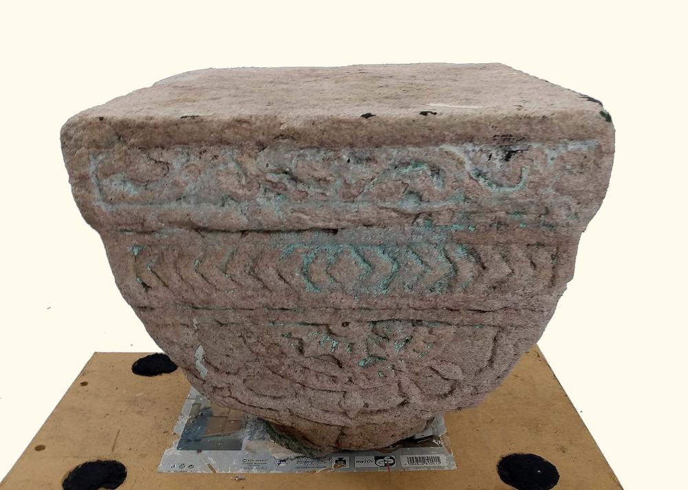 Appraisal: SPANISH STONE CARVED CAPITALProbably th Century The tapered capital carved