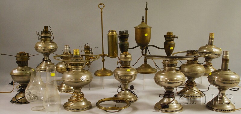 Appraisal: Nine Nickel-plated Kerosene Table Lamps a Brass Adjustable Student Lamp