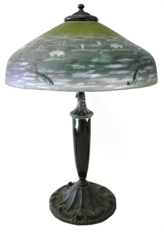 Appraisal: Pittsburgh table lamp c - green reverse painted shade ornamented