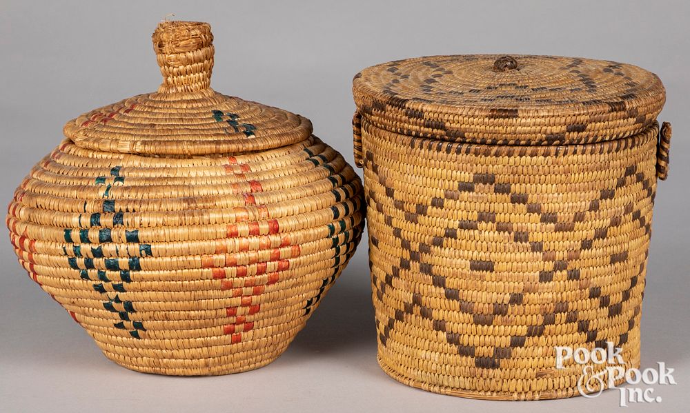 Appraisal: Two antique lidded baskets Two antique lidded baskets to include