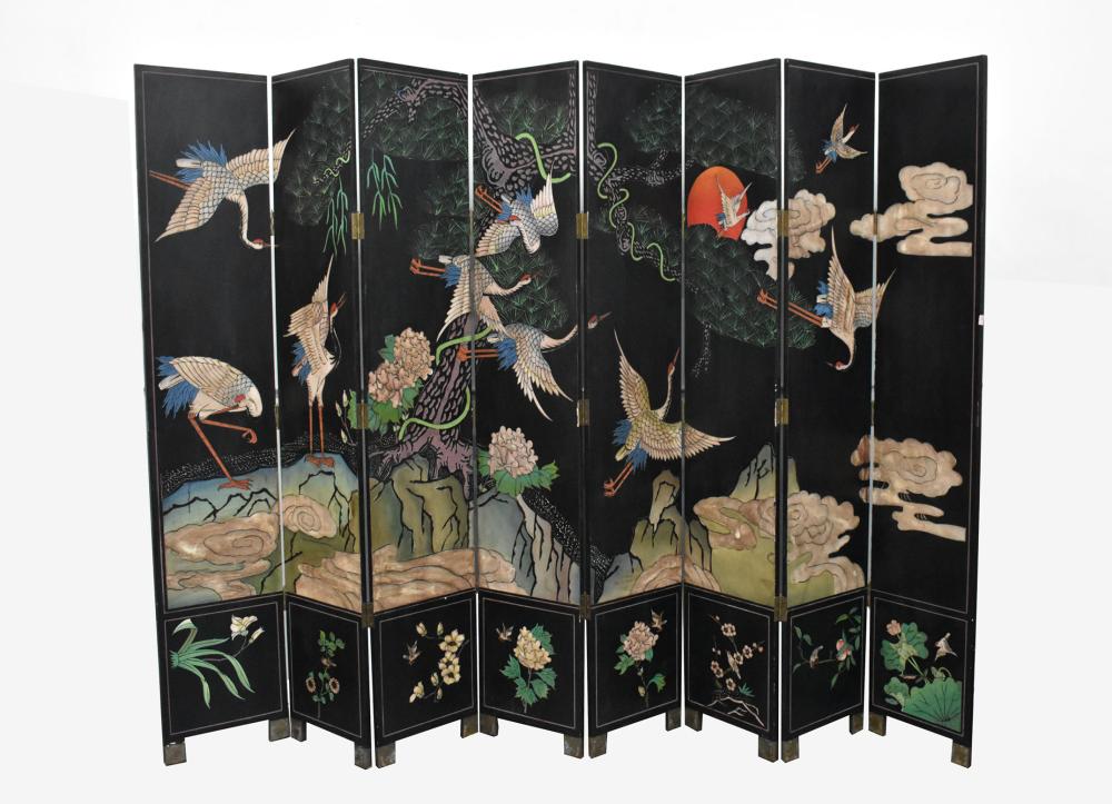 Appraisal: CHINESE POLYCHROMED BLACK LACQUER EIGHT-FOLD SCREENDecorated on both sides with