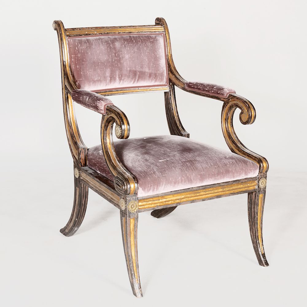 Appraisal: Regency Faux Grain Painted and Parcel-Gilt Armchair Upholstered in burgundy