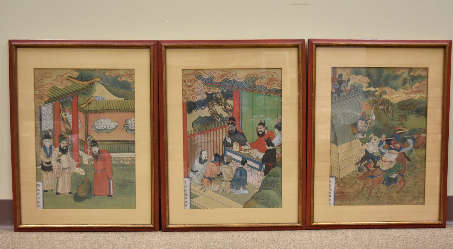 Appraisal: three Japanese woodblock paintings depicting three different scenery of warriors