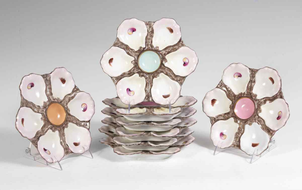 Appraisal: HAND PAINTED OYSTER PLATES Impressed mark '' dia