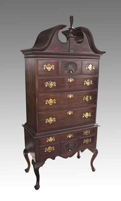 Appraisal: HENKEL HARRIS VIRGINIA GALLERIES MAHOGANY HIGHBOY Queen Anne style bonnet