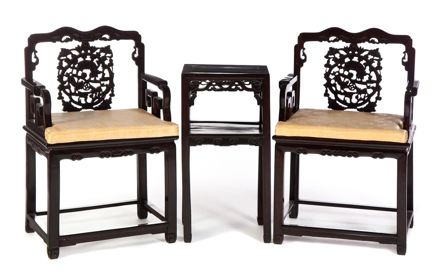 Appraisal: THREE PIECES OF CONTEMPORARY CHINESE FURNITURE Twentieth century Pair of