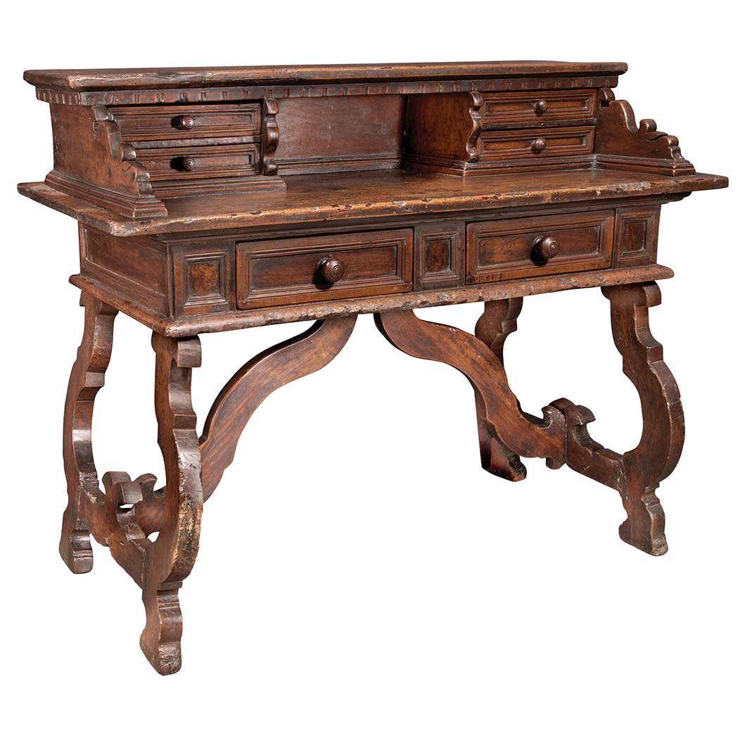 Appraisal: Spanish Walnut Writing Table th Century The stepped rectangular superstructure