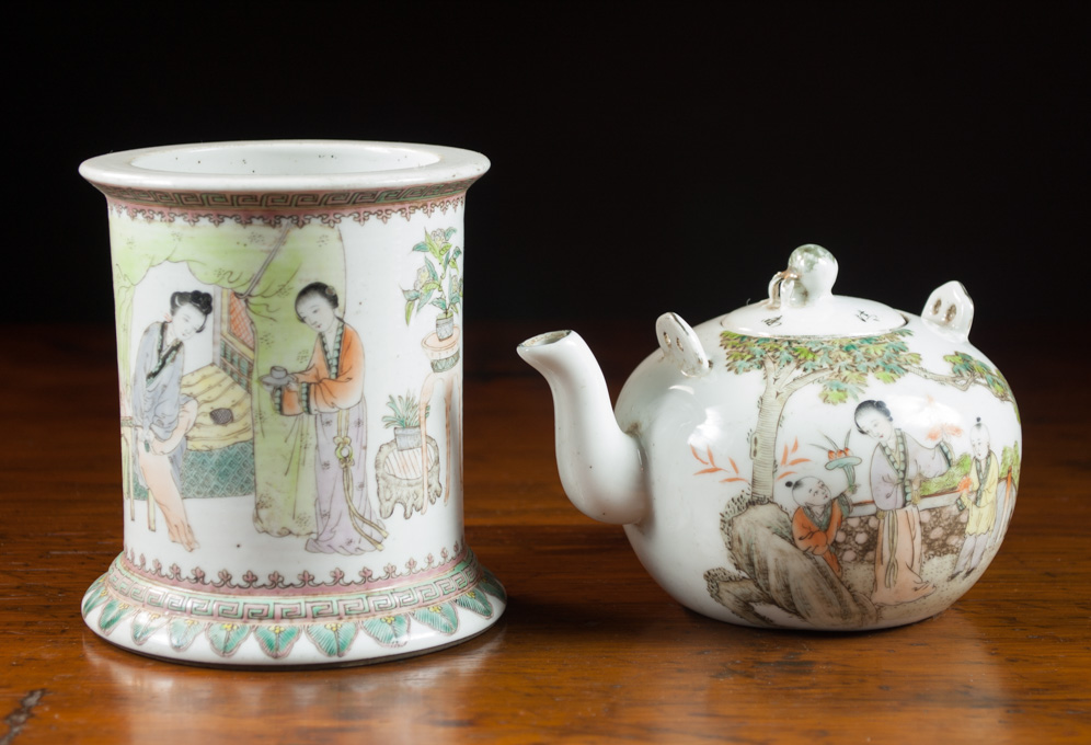 Appraisal: TWO CHINESE FAMILLE ROSE PORCELAINS miniature teapot with lid cylindrical