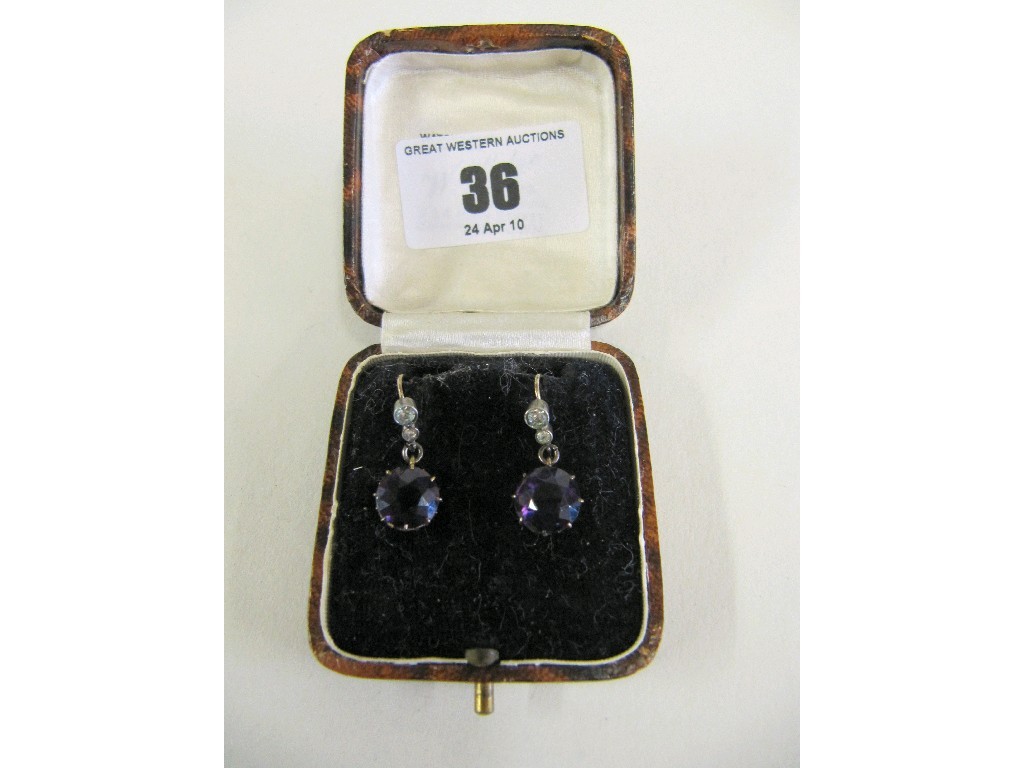 Appraisal: Pair of bi colour metal amethyst set drop earrings