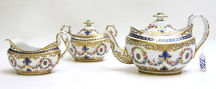 Appraisal: SEVRES STYLE THREE PIECE PORCELAIN TEA SET hand enameled with