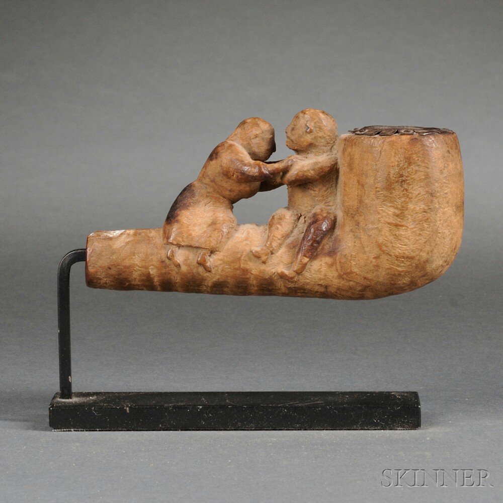 Appraisal: Carved Burlwood Pipe with Embracing Figures America th century with