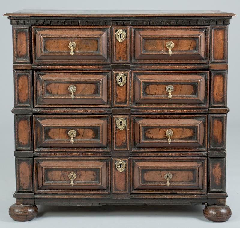 Appraisal: Early Oak Paneled Chest Charles II oak and walnut chest