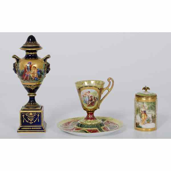 Appraisal: Viennese Painted Porcelain Tablewares Viennese A lidded urn on stand