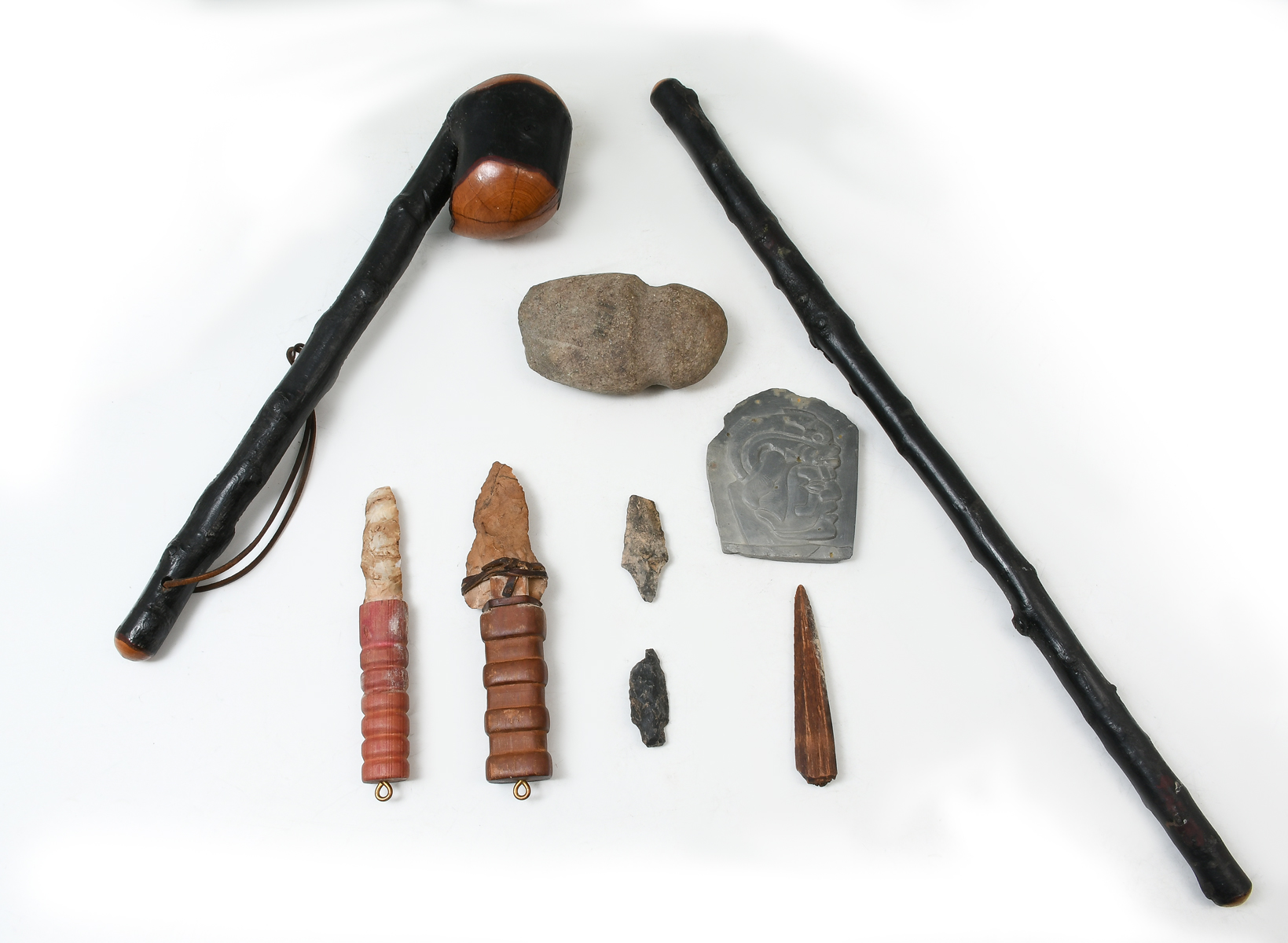 Appraisal: PC NATIVE AMERICAN INDIAN TOOLS WEAPONS Comprising - War clubs