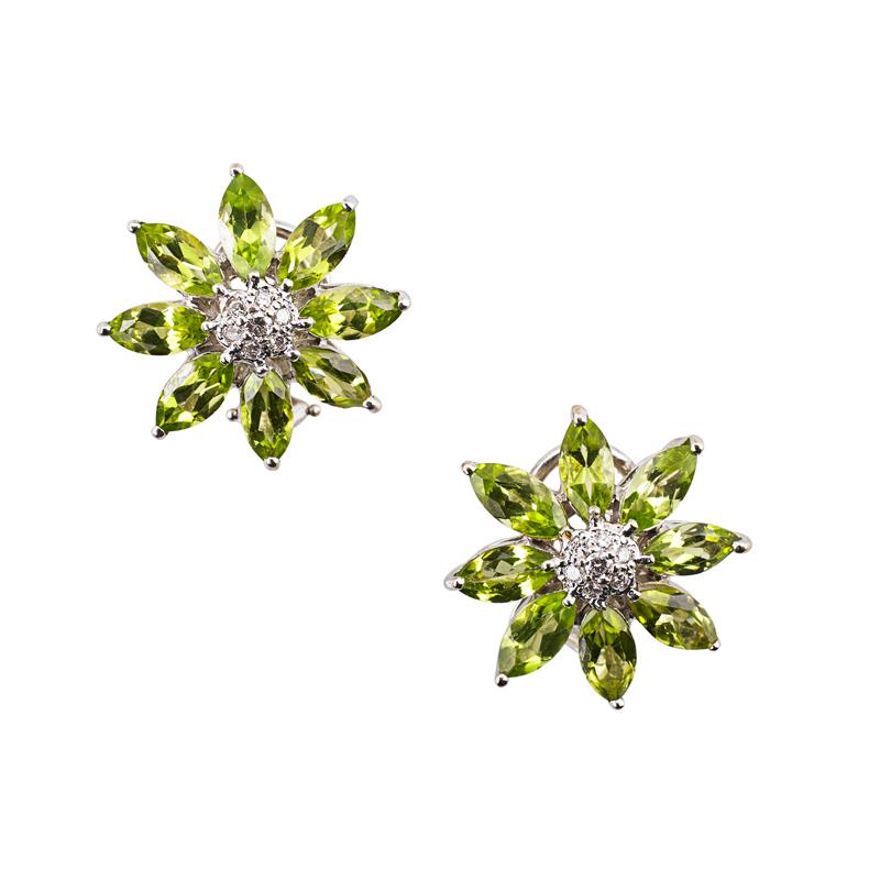 Appraisal: PERIDOT AND DIAMOND K WHITE GOLD EARRINGS Faceted peridot petals