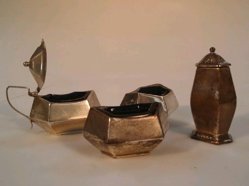 Appraisal: An early thC Art Deco silver four piece cruet Birmingham