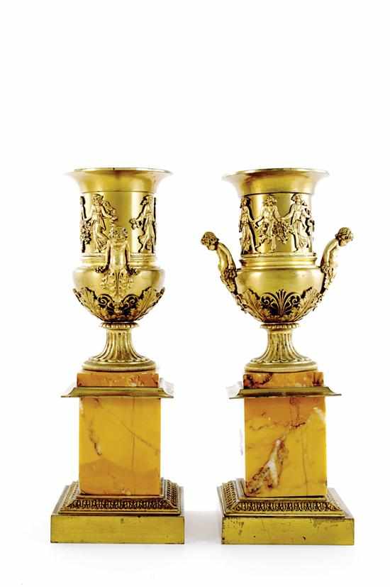 Appraisal: Pair Charles X bronze dore and marble urns th century