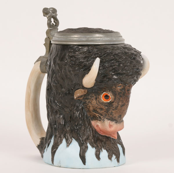 Appraisal: Rare Ernest Bohne Sohne German porcelain liter stein painted bison