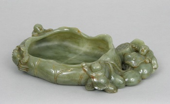 Appraisal: Au Unusually Large Jade Figural Brushwash With Children and Lotus