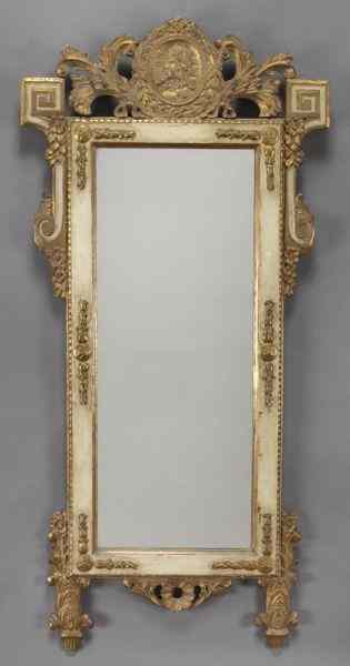 Appraisal: Gustavian polychrome and gilt painted mirror the top centered by