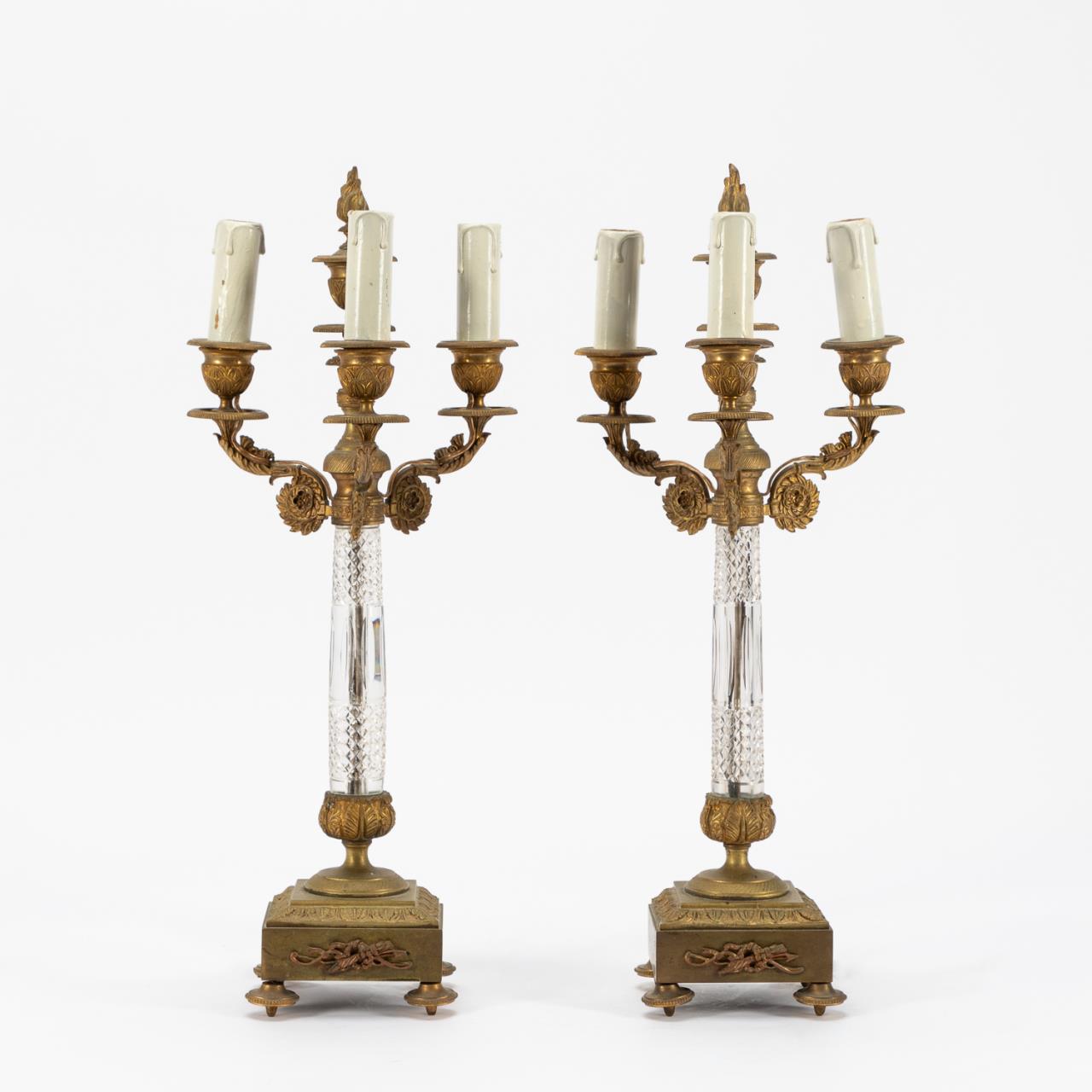 Appraisal: PR EMPIRE STYLE CRYSTAL AND BRONZE CANDELABRA French th century