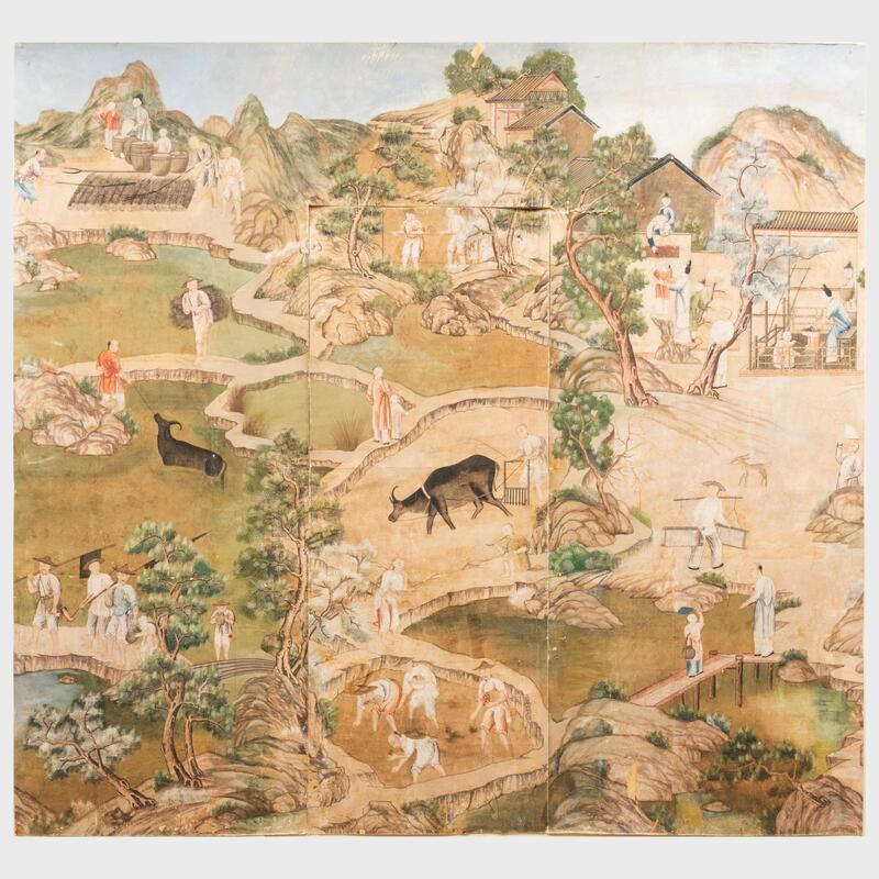 Appraisal: Miscellaneous Group of Four Chinese Wallpaper Panels Depicting scenes of