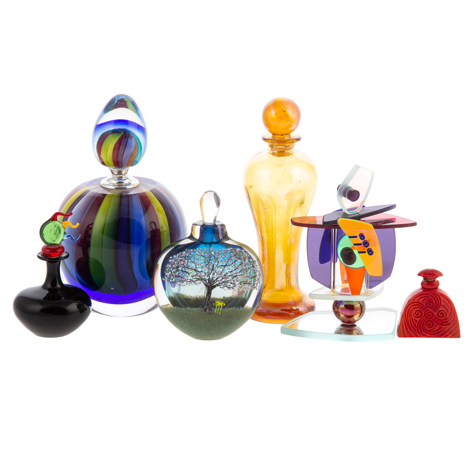 Appraisal: SIX ASSORTED PERFUME BOTTLES th century abstract plastic bottle French