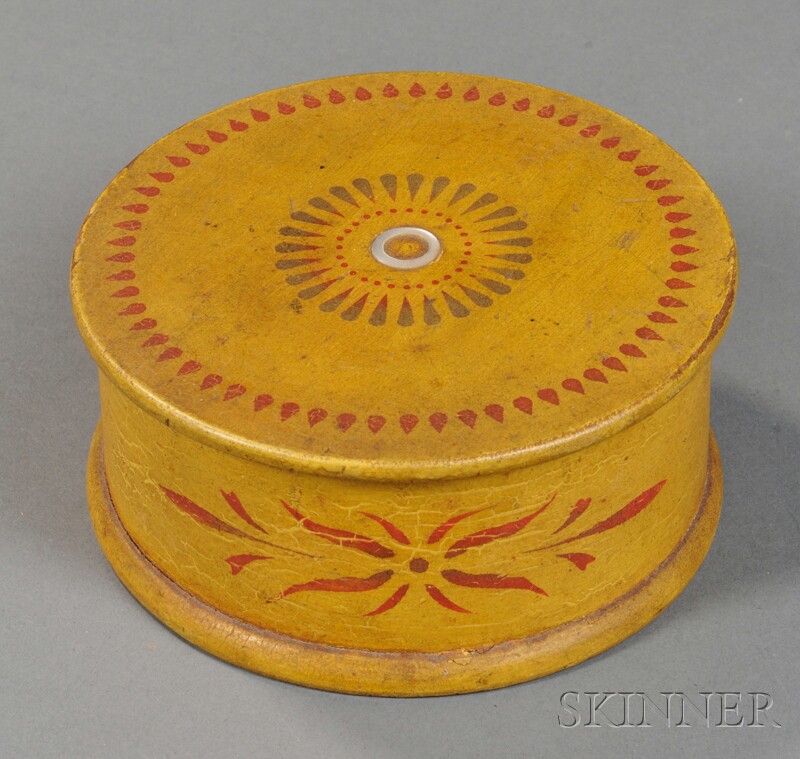 Appraisal: Pennsylvania Yellow Paint-decorated Covered Box th century round wood box