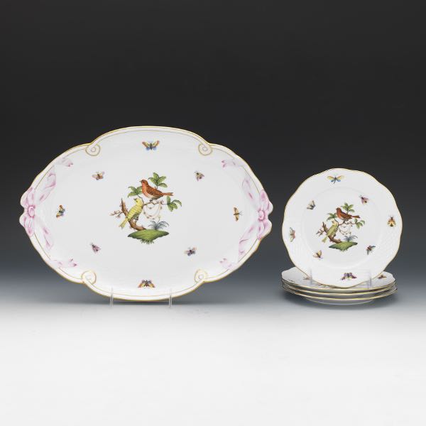 Appraisal: HEREND PLATTER WITH PLATES Hand-painted in the Rothschild Bird pattern