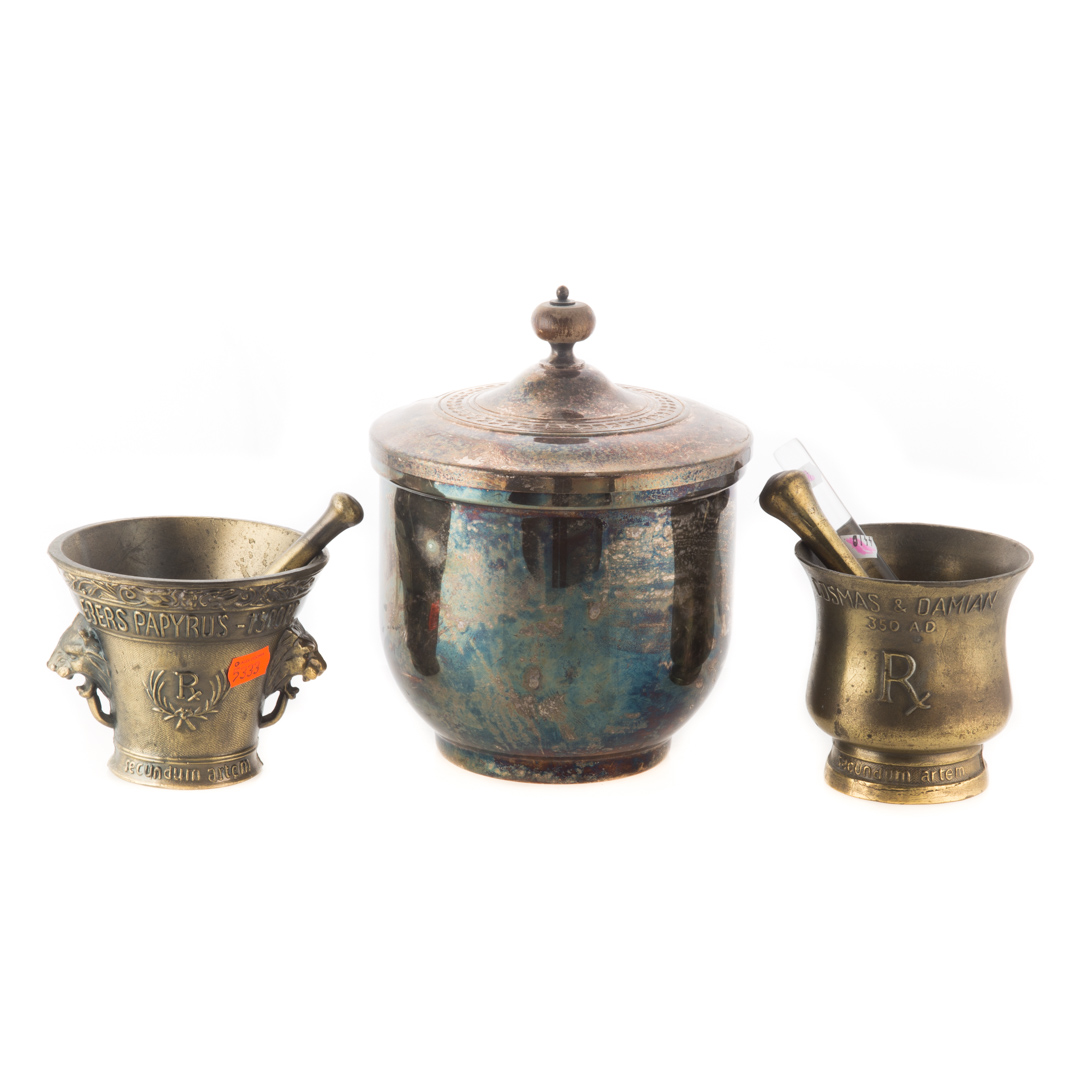 Appraisal: Silver-plated ice bucket and two mortar pestles brass mortars and