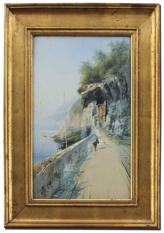 Appraisal: ILLEGIBLY SIGNED ITALIAN COASTAL SCENE OF SORRENTO Gouache Watercolor and