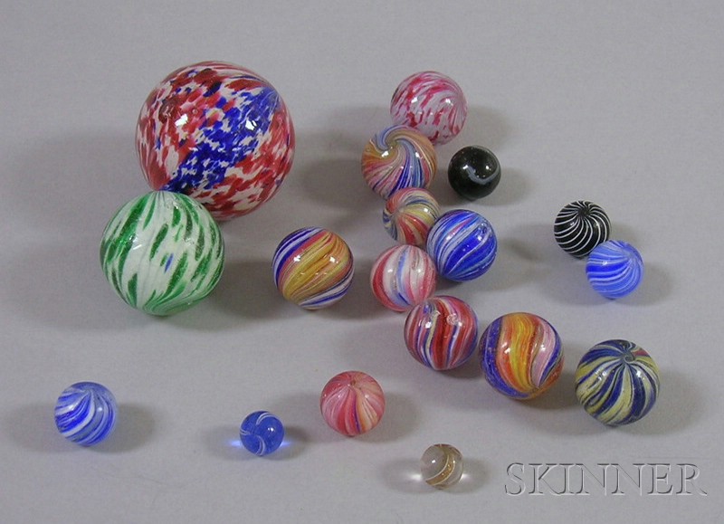 Appraisal: Eighteen Glass Marbles including onionskin end-of-day goldstone ribbon and spiral