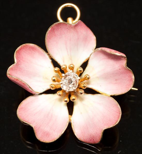 Appraisal: Lady's K yellow gold diamond and enamel dogwood blossom pendant-brooch