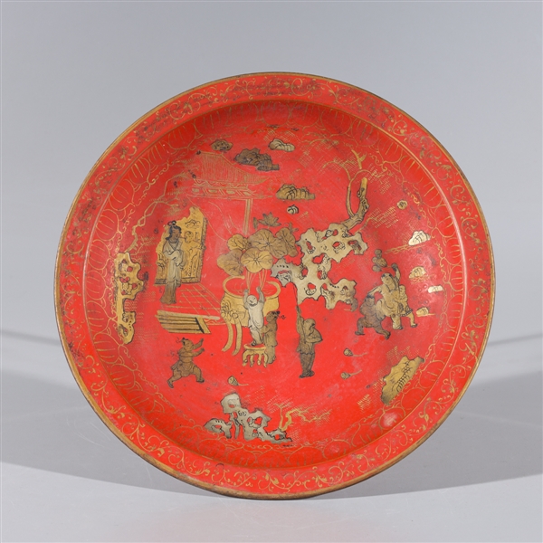 Appraisal: Chinese red ground plate with gilt detail and courtyard scene