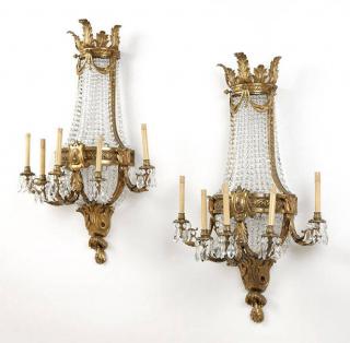 Appraisal: A pair of gilt bronze and cut crystal five Late