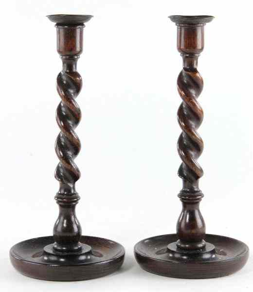 Appraisal: Pair of English Barley Twist Candlestickscirca oak brass bobeche x