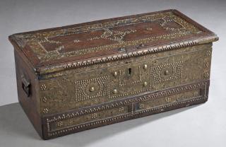 Appraisal: Anglo-Indian Brass and Copper Bound Carved Teak Travel Trunk th