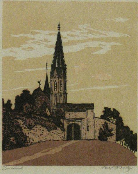 Appraisal: Carl Rotky Austrian - Cathedral Scene n d Color linocut