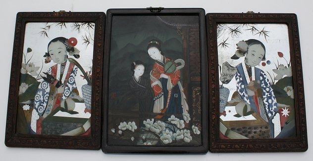 Appraisal: ORIENTAL REVERSE PAINTINGS ON GLASS works on mirrored glass are