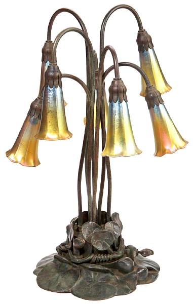 Appraisal: A Tiffany Studios bronze seven-light Lily lamp - intaglio finish