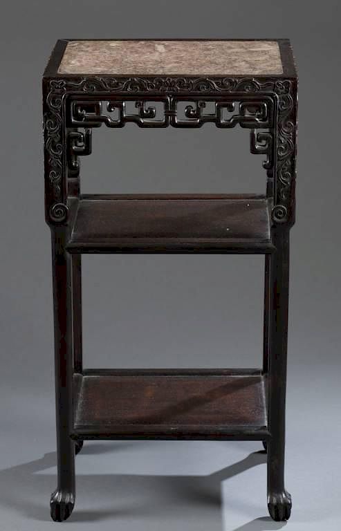 Appraisal: Chinese Chippendale stand with pink marble top A Chinese Chippendale