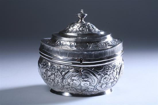 Appraisal: GEORGE III SILVER REPOUSS TEA CADDY Alice and George Burrows