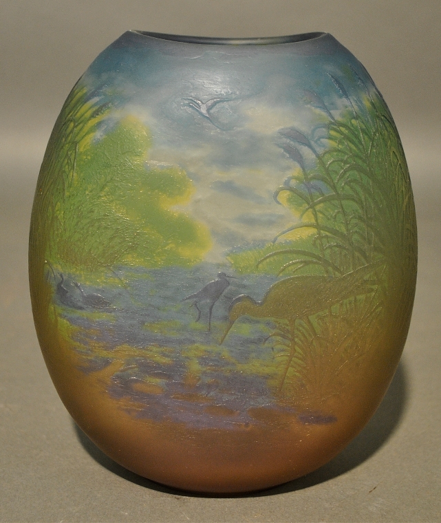 Appraisal: - Art glass landscape vase with birds by Zoltan h