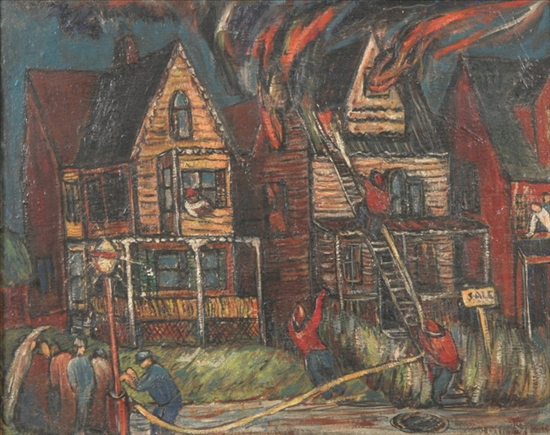 Appraisal: AMERICAN SCHOOL th century HOUSE FIRE oil on masonite -