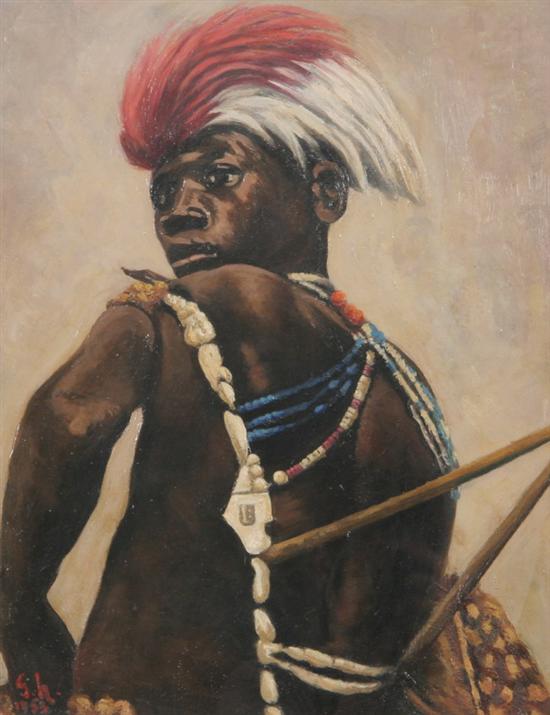 Appraisal: G H th century PORTRAIT OF AFRICAN WARRIOR signed and