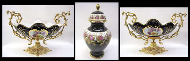 Appraisal: PAIR PORCELAIN AND GILT METAL COMPOTES AN URN pieces Oval